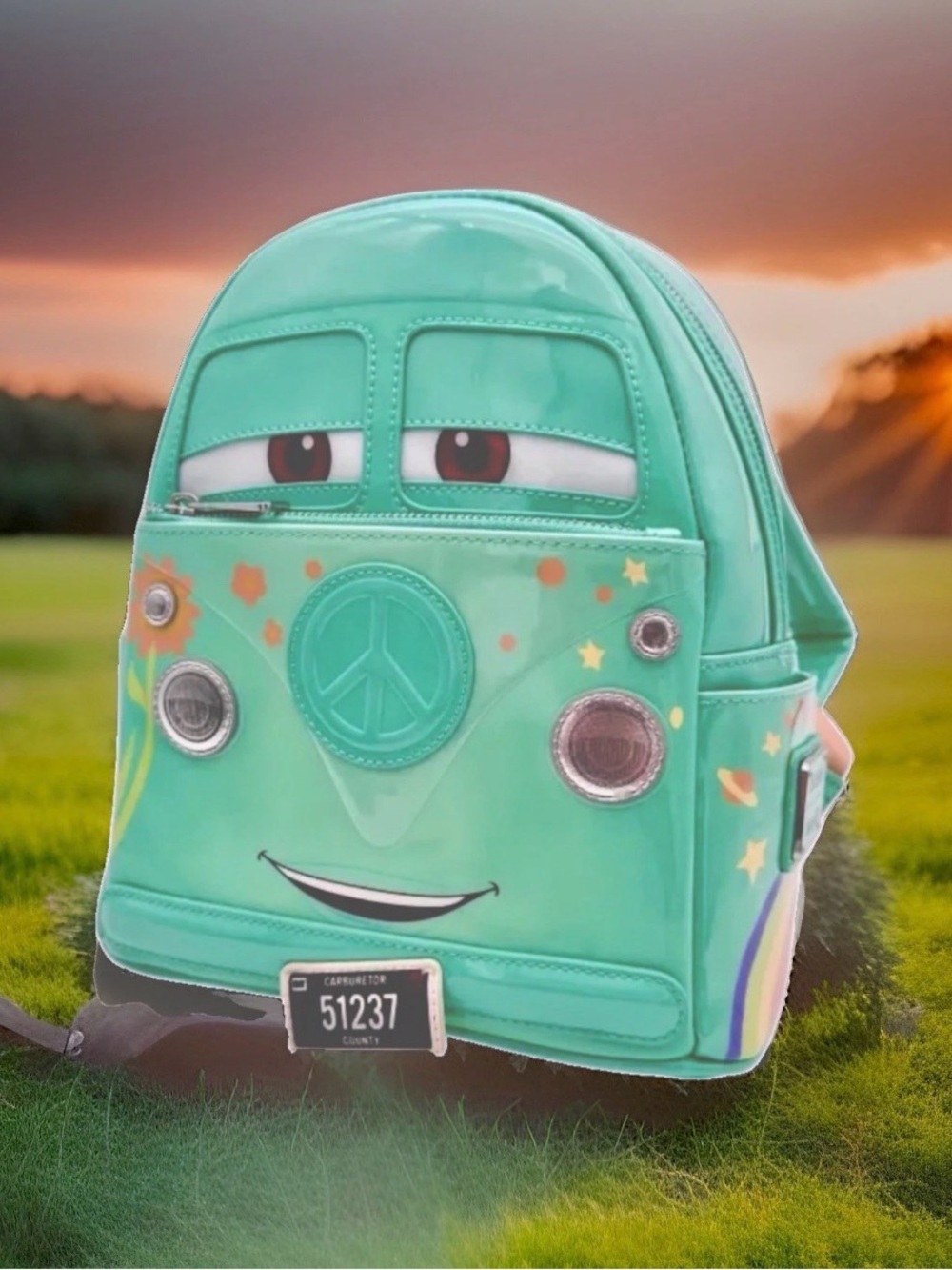 NEW w Tags Loungefly Disney Pixar CARS FILLMORE Mint Green VW Bus Backpack Bag